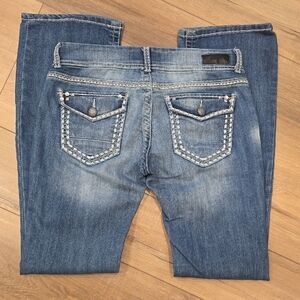 Daytrip Boot Cut Womens Low Rise Rhinestone Flap Pockets Distressed Jeans 31XL